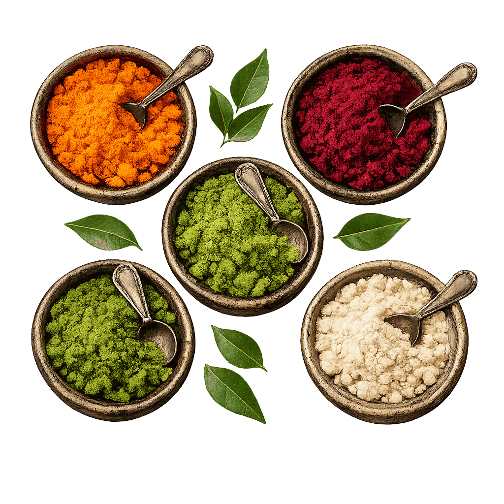 Five bowls of colourful gently-dried powders: carrot, beetroot, moringa, banana and garlic