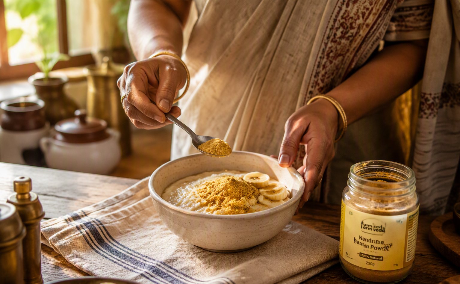 Stirring banana powder into a bowl of porridge in a home kitchen